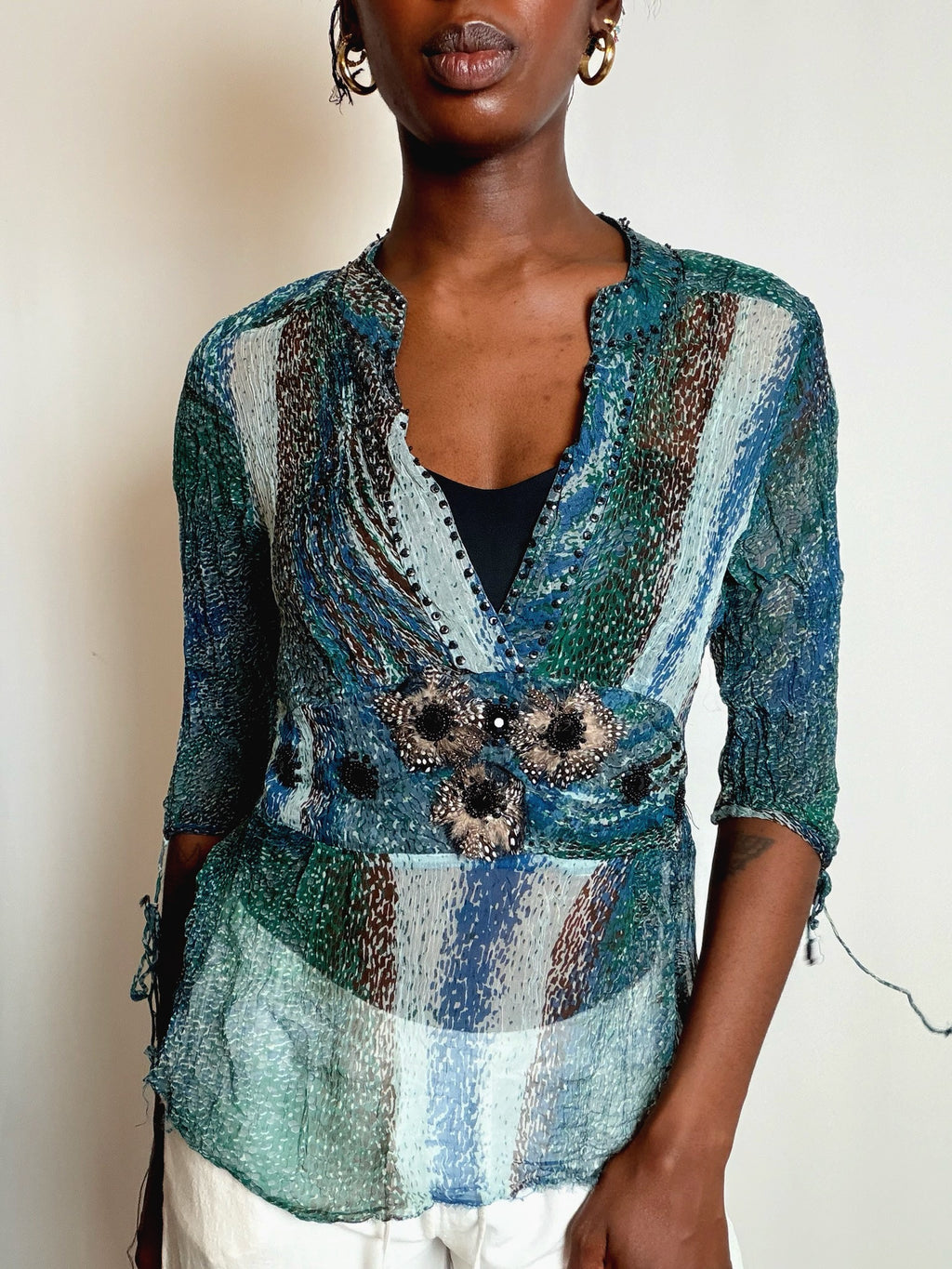 Top bleu à motif Derhy S vintage