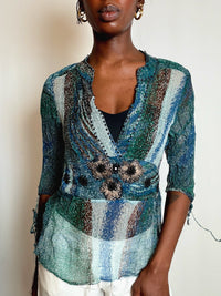 Top bleu à motif Derhy S vintage