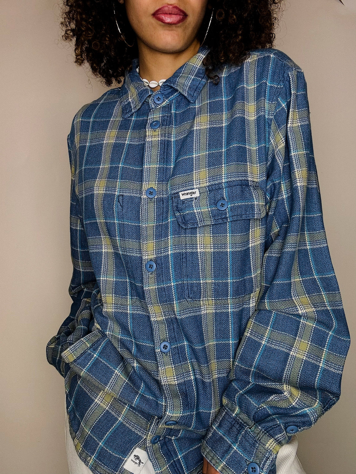 WRANGLER M vintage thick blue plaid shirt