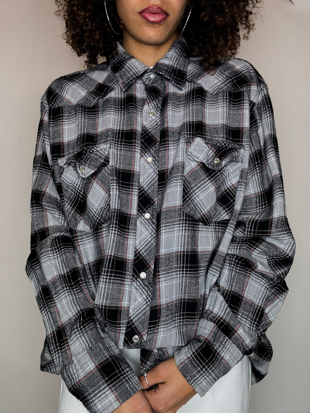 WRANGLER L vintage grey thick plaid shirt
