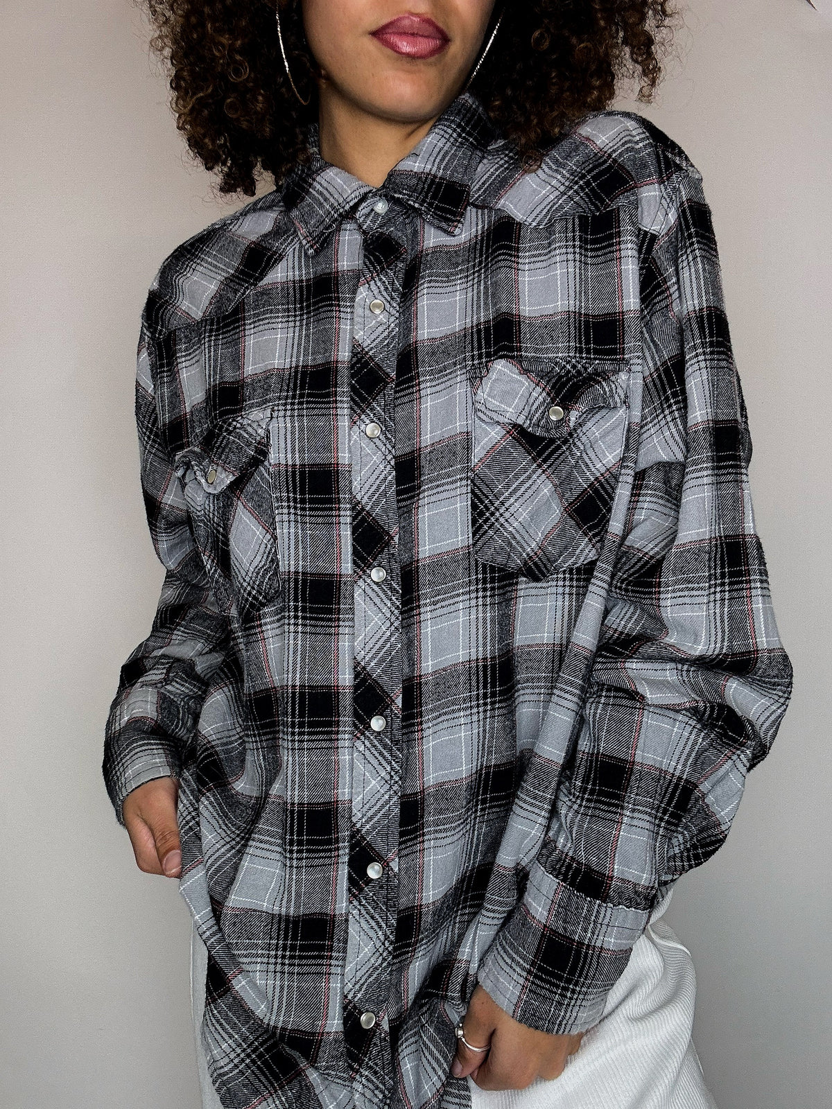 WRANGLER L vintage grey thick plaid shirt