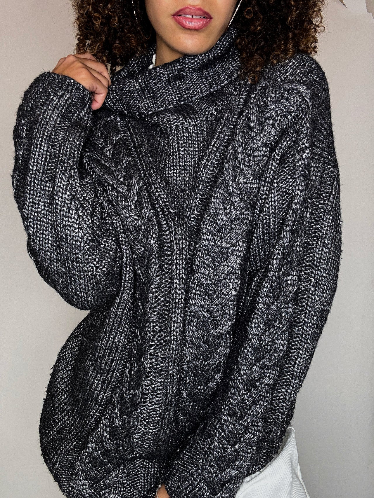 Pull col roulé en maille gris XL vintage