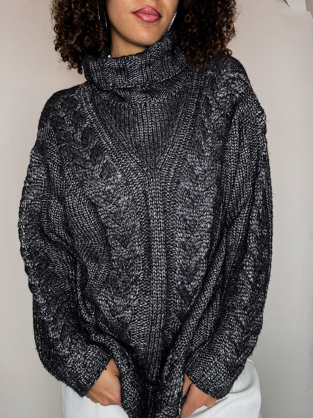 Pull col roulé en maille gris XL vintage
