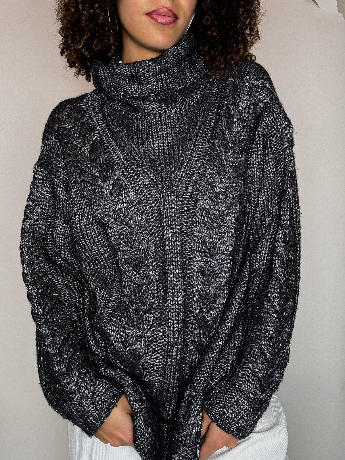 Pull col roulé en maille gris XL vintage