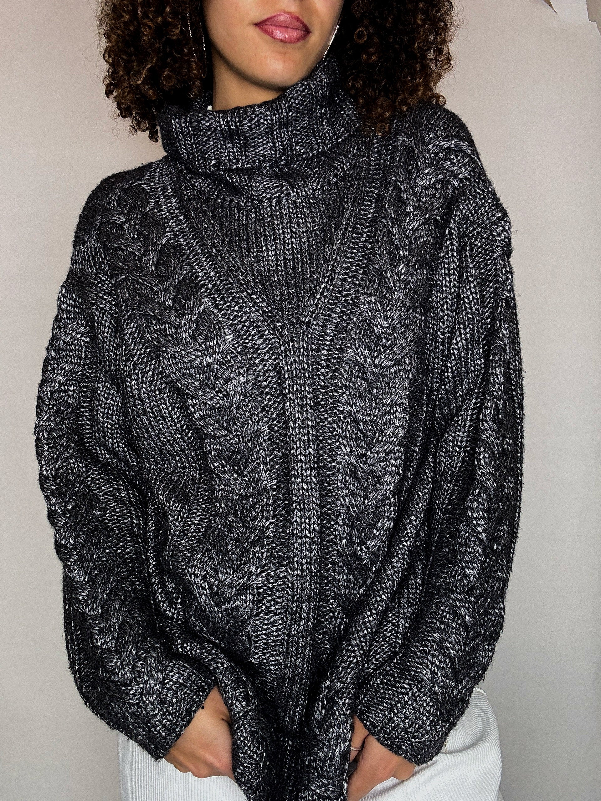 Pull col roulé en maille gris XL vintage