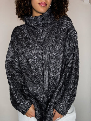 Pull col roulé en maille gris XL vintage