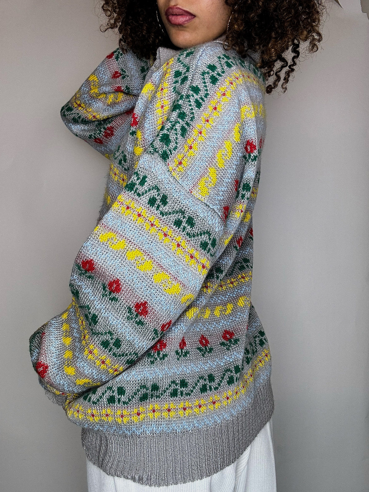 Pull col chemise gris à motif XL vintage