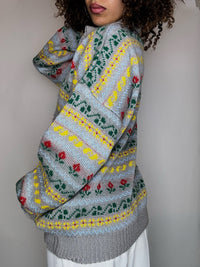 Pull col chemise gris à motif XL vintage
