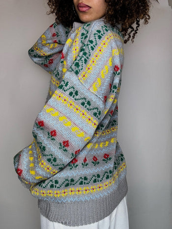 Pull col chemise gris à motif XL vintage