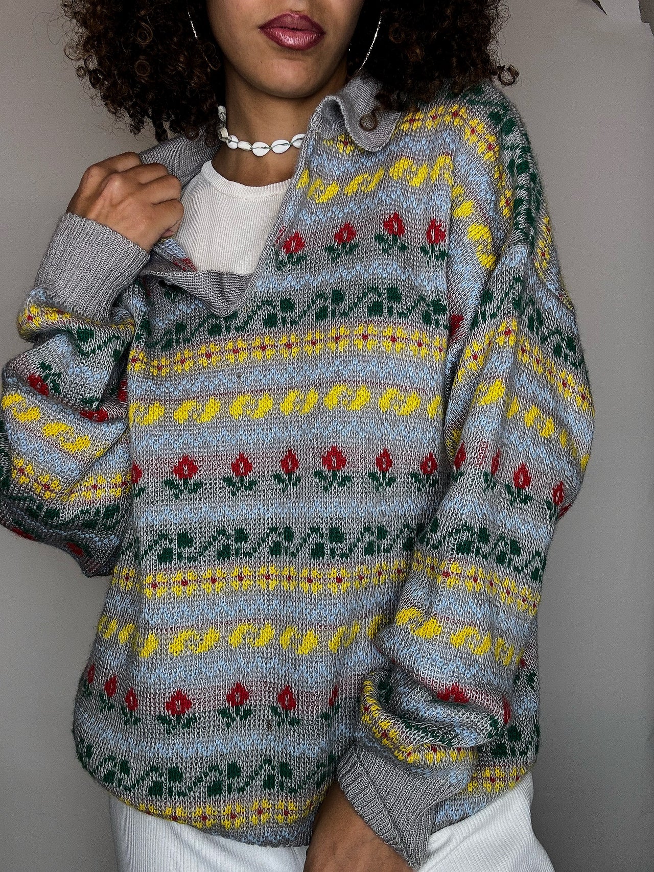 Pull col chemise gris à motif XL vintage