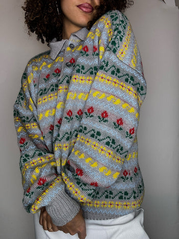 Pull col chemise gris à motif XL vintage
