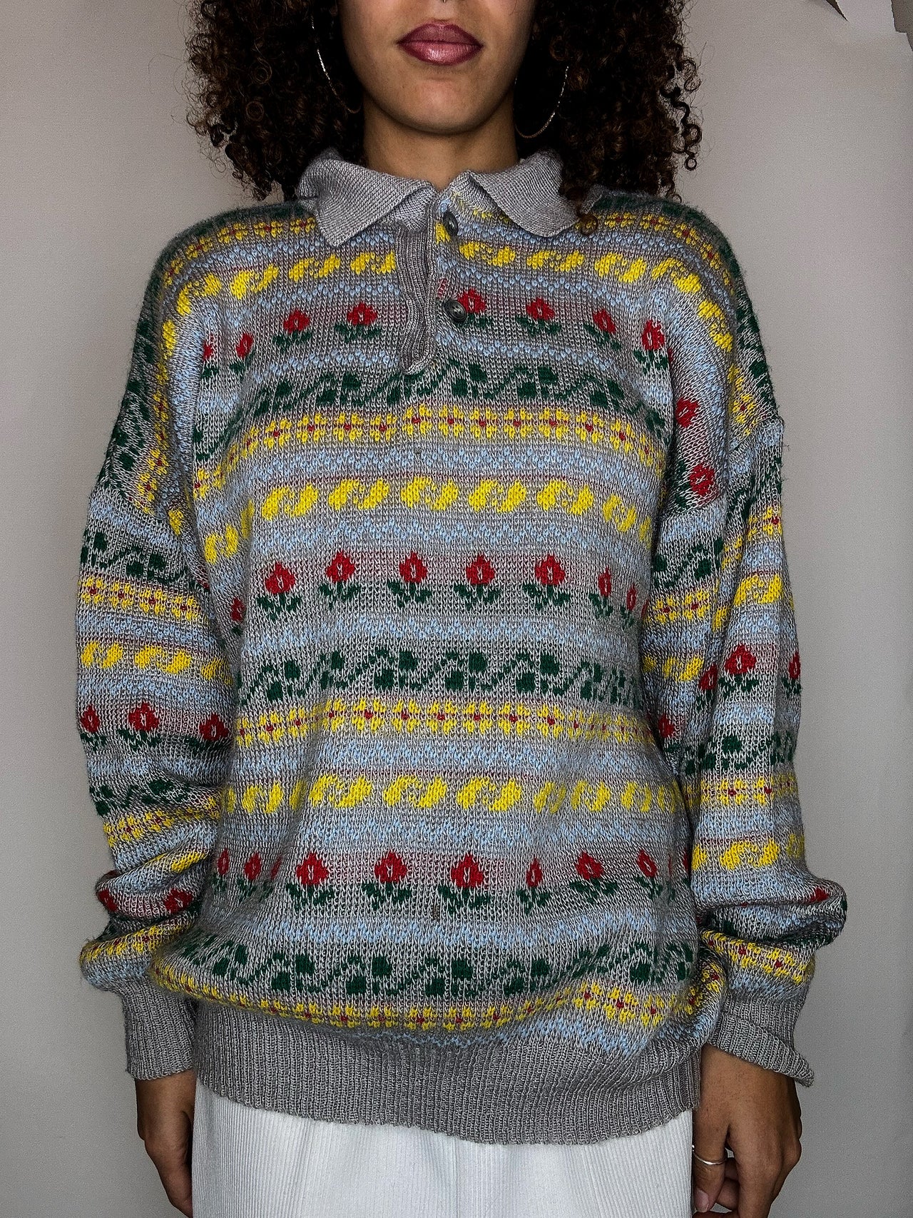 Pull col chemise gris à motif XL vintage