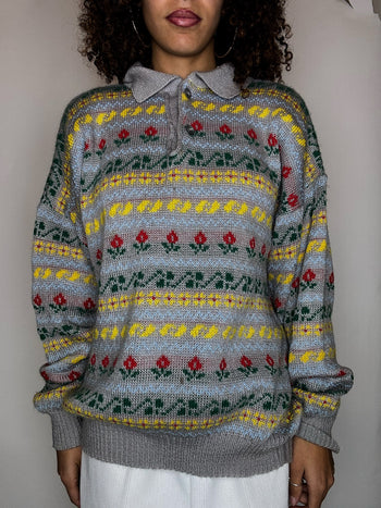 Pull col chemise gris à motif XL vintage