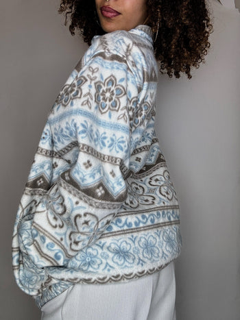 Polaire graphique blanche bleu et grise L vintage