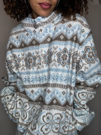 Polaire graphique blanche bleu et grise L vintage
