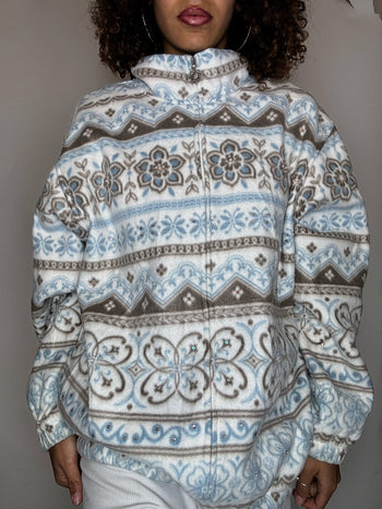 Polaire graphique blanche bleu et grise L vintage