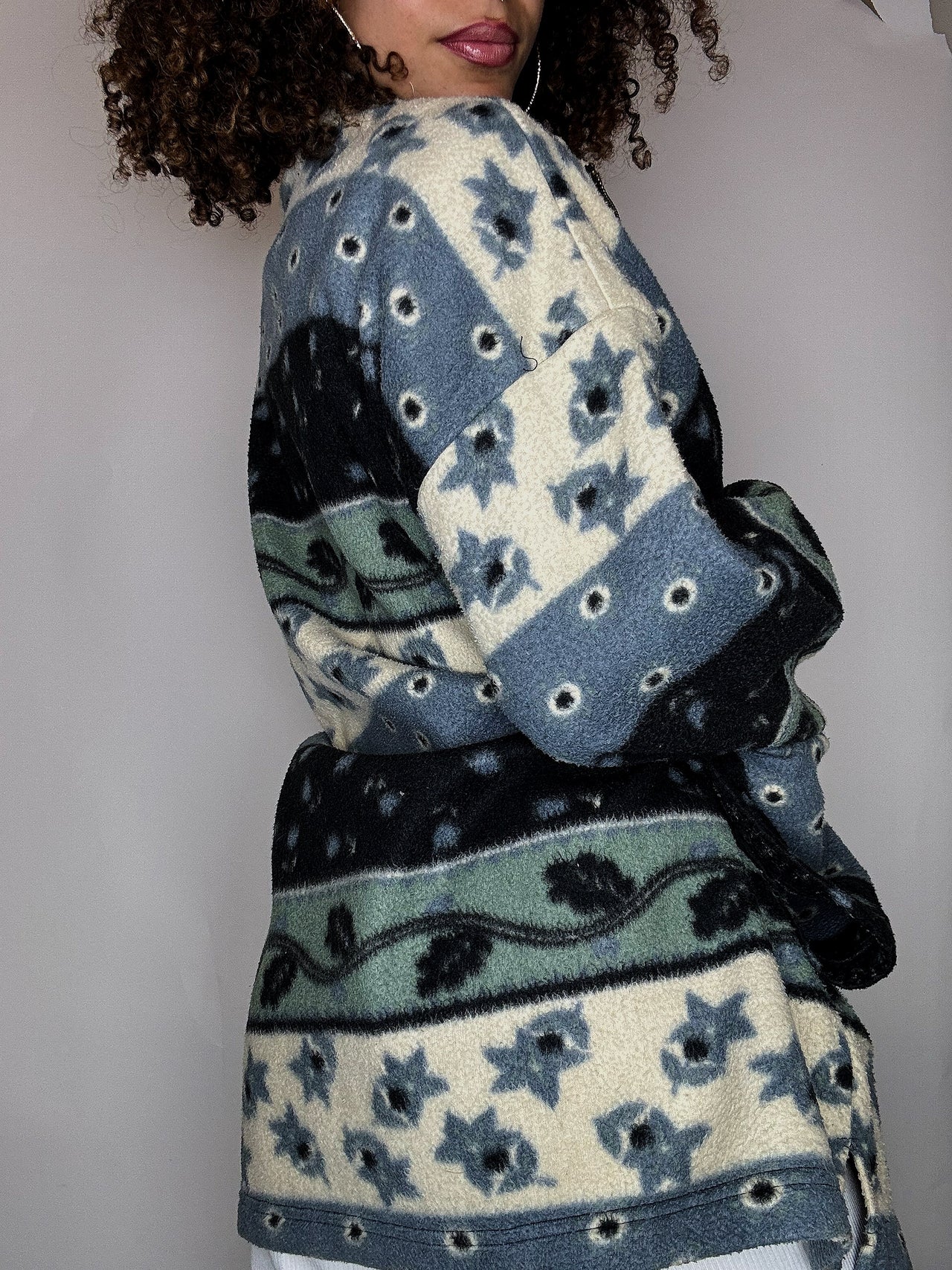 Polaire graphique bleu et crème XL vintage