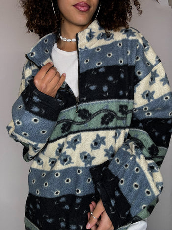 Polaire graphique bleu et crème XL vintage