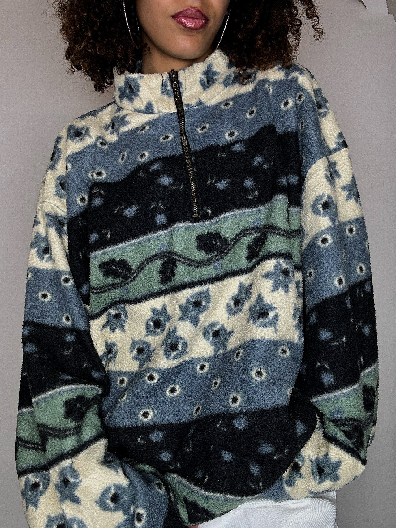 Polaire graphique bleu et crème XL vintage