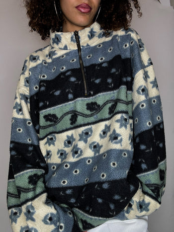 Polaire graphique bleu et crème XL vintage