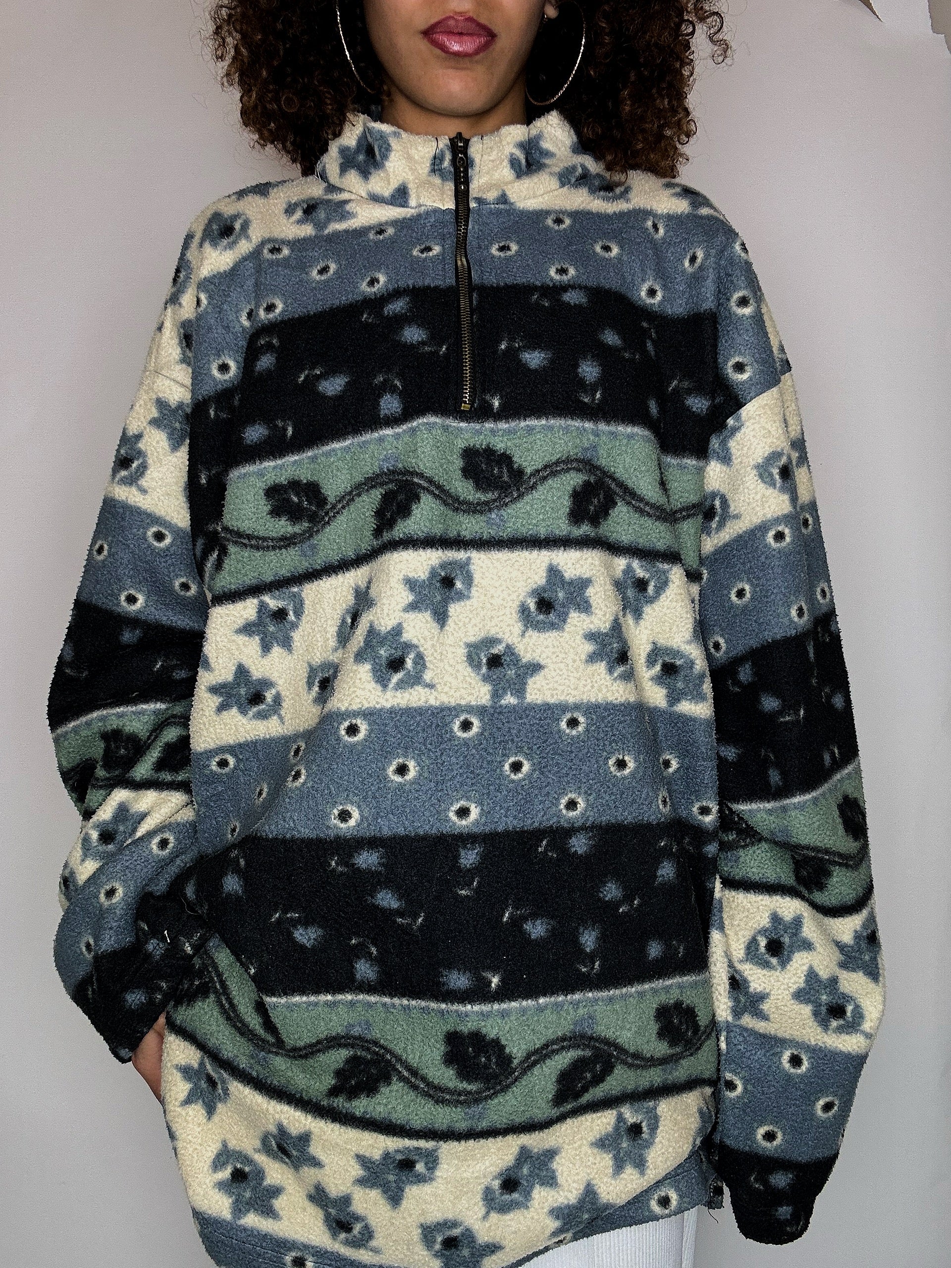 Polaire graphique bleu et crème XL vintage