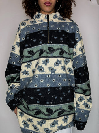 Polaire graphique bleu et crème XL vintage