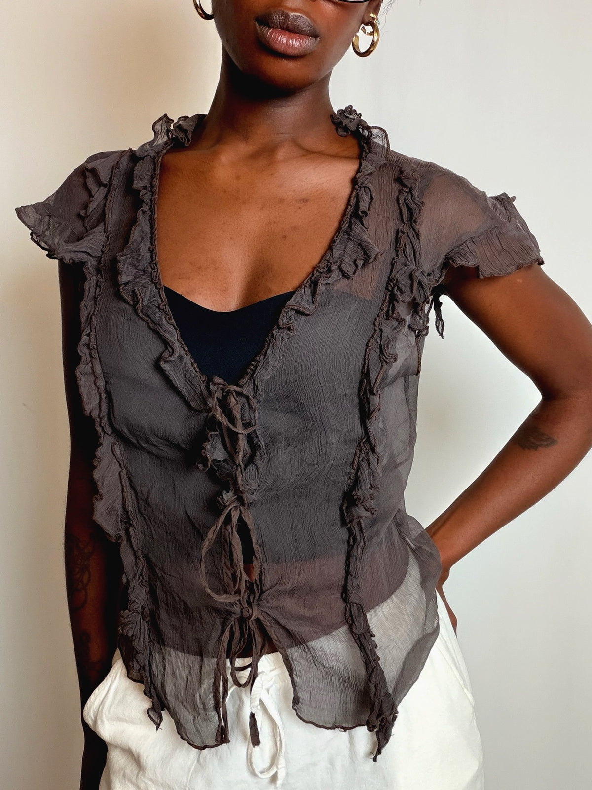 Top en soie brun S vintage