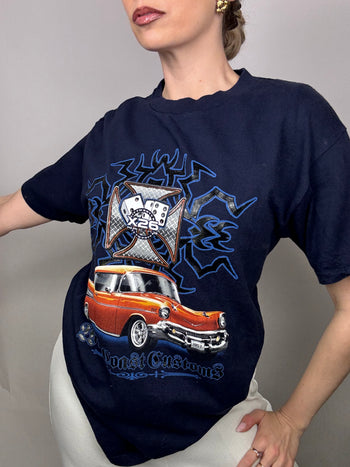 Marineblaues Renn-T-Shirt in Vintage-Größe M