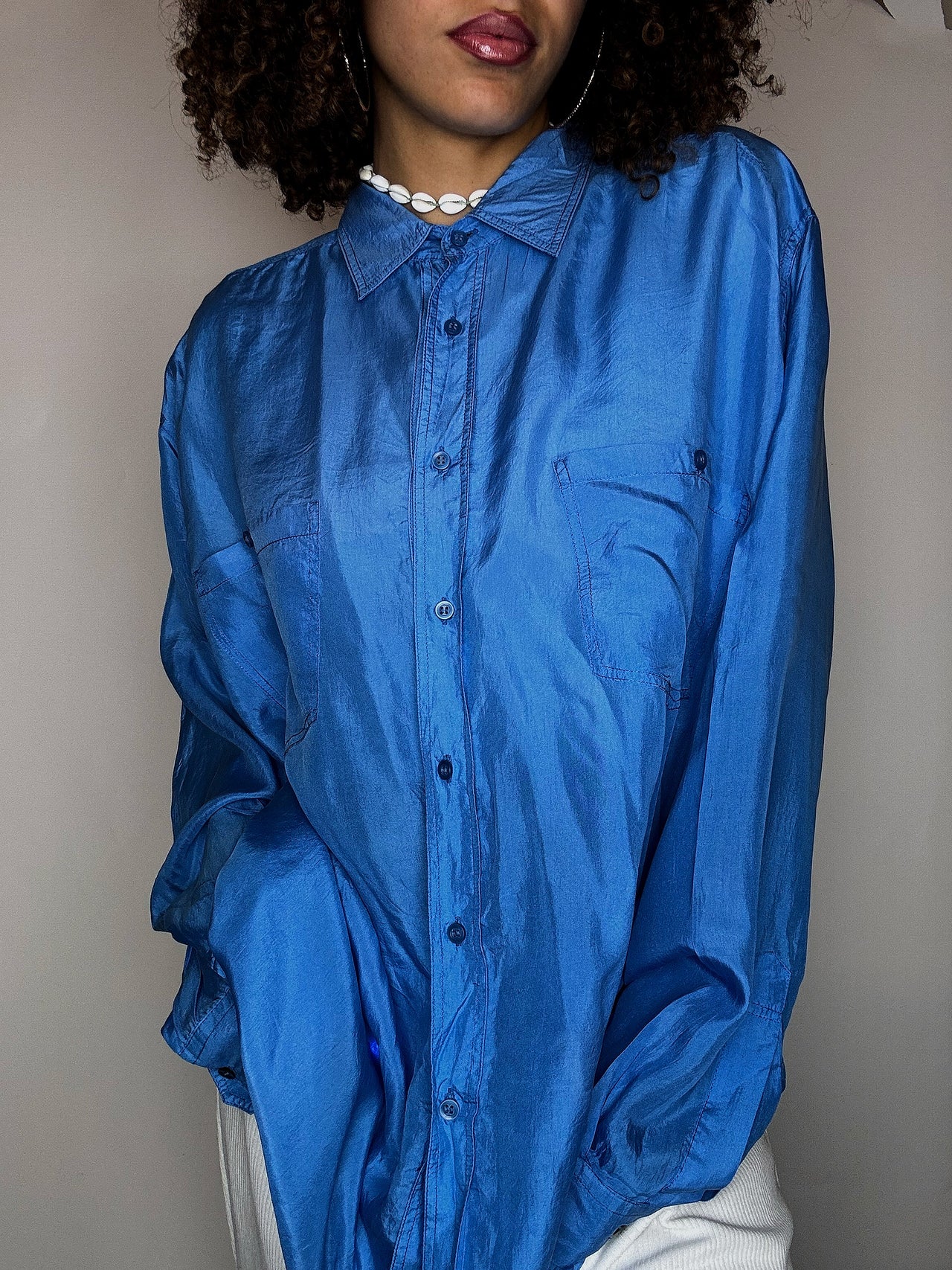 Chemise en soie bleue XL vintage