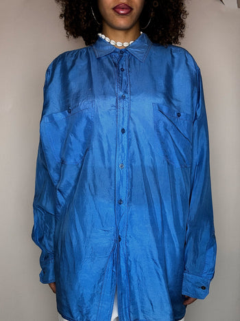 Chemise en soie bleue XL vintage