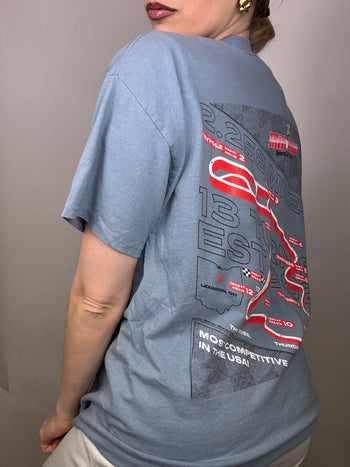 Blaues Vintage-Renn-T-Shirt in Größe M