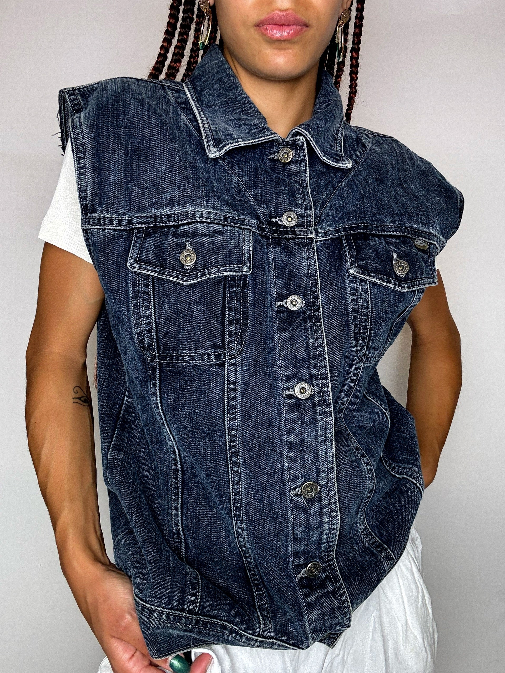 Vintage-Jeansjacke ohne Ärmel, Größe L