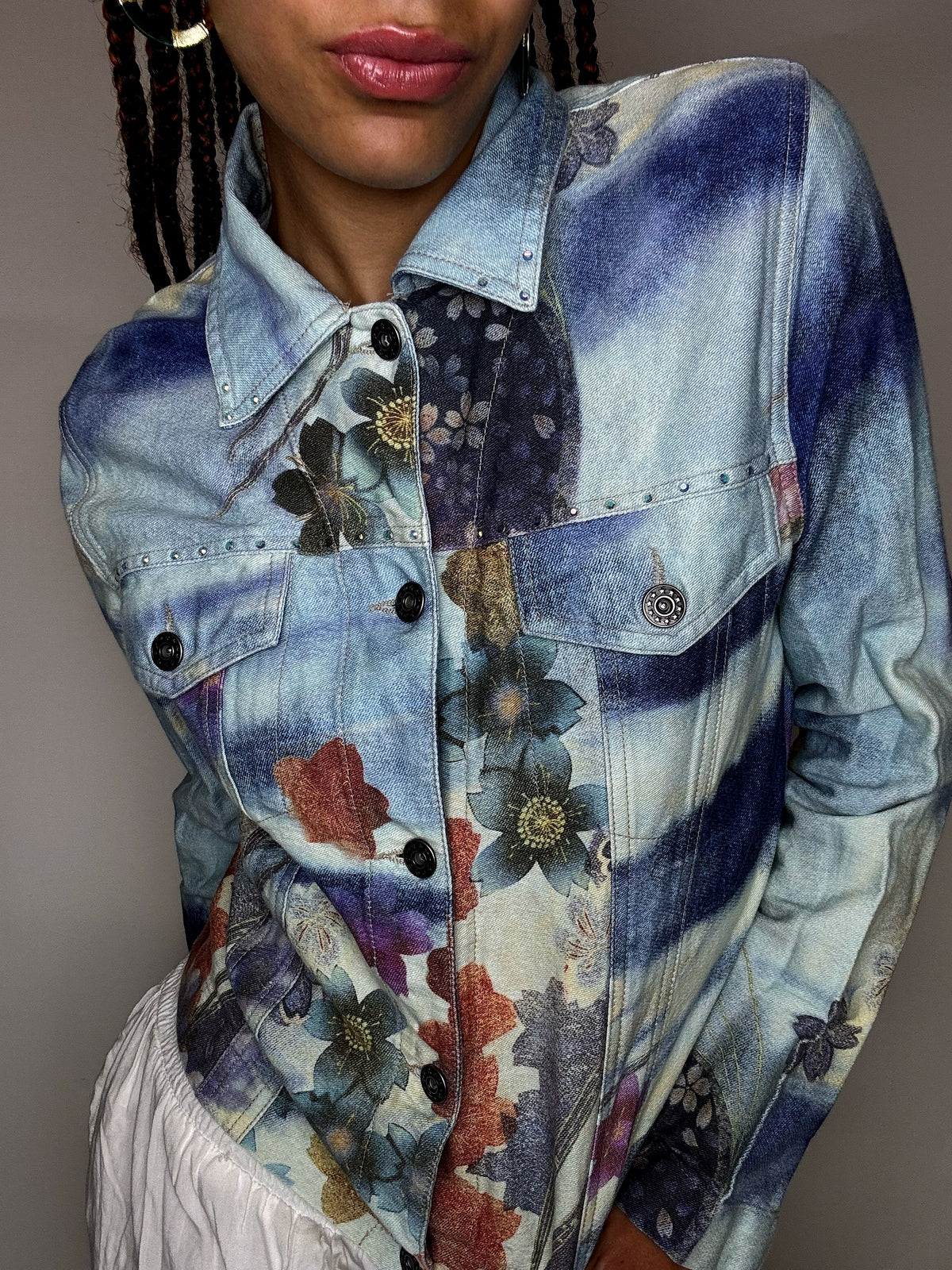 Veste en denim graphique colorée XS/S vintage