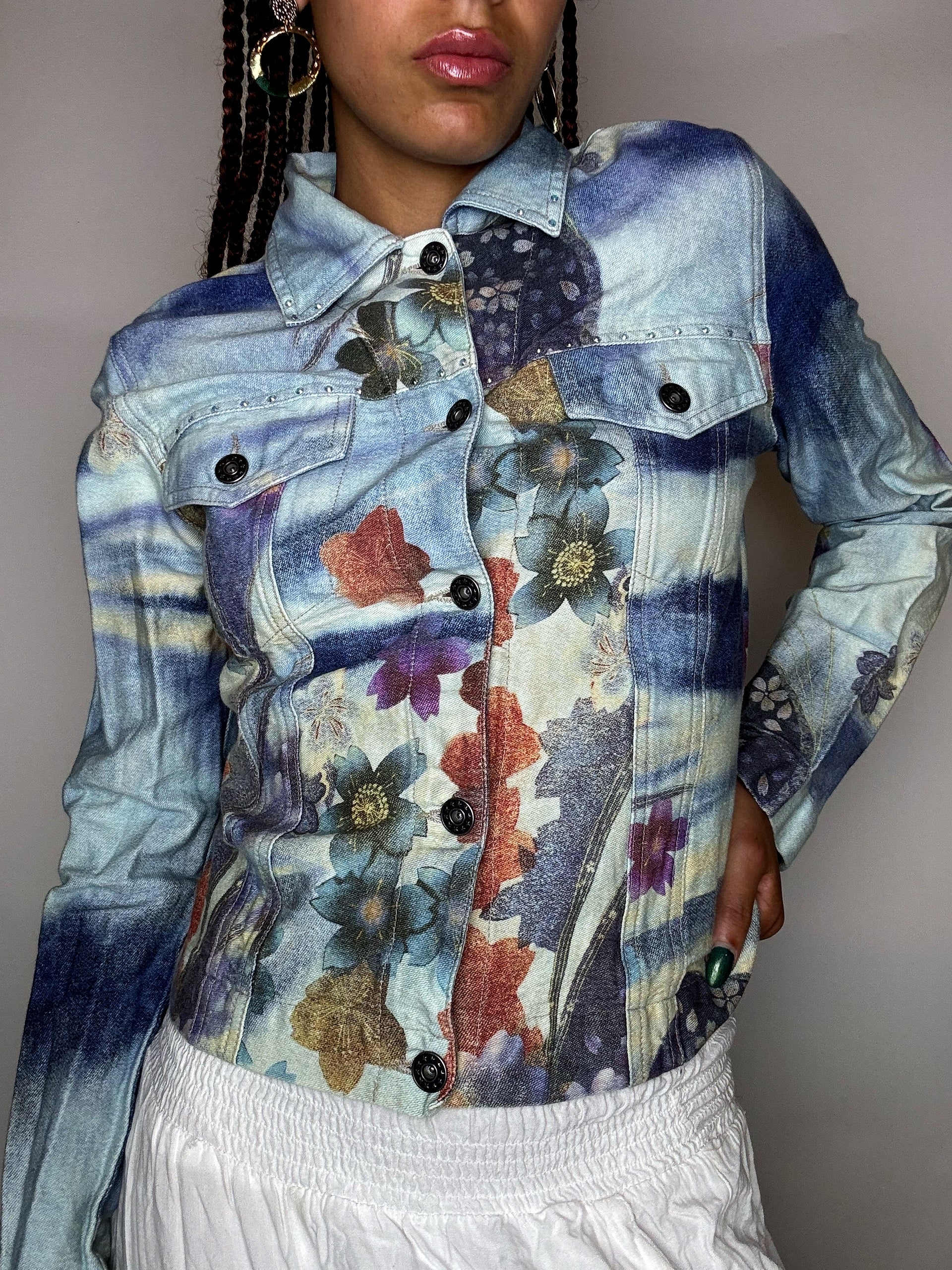 Veste en denim graphique colorée XS/S vintage