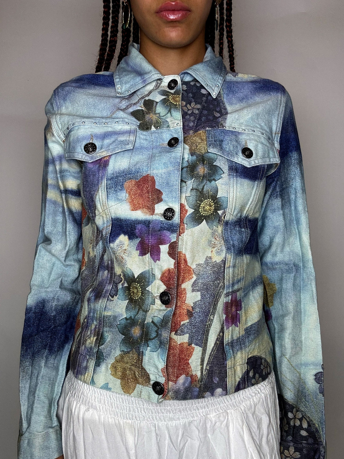 Veste en denim graphique colorée XS/S vintage