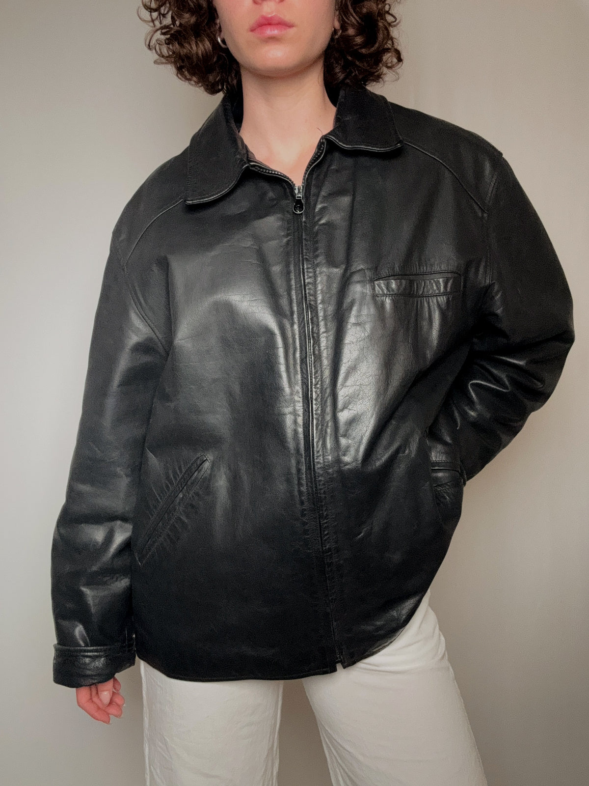Veste en cuir droite noir L vintage