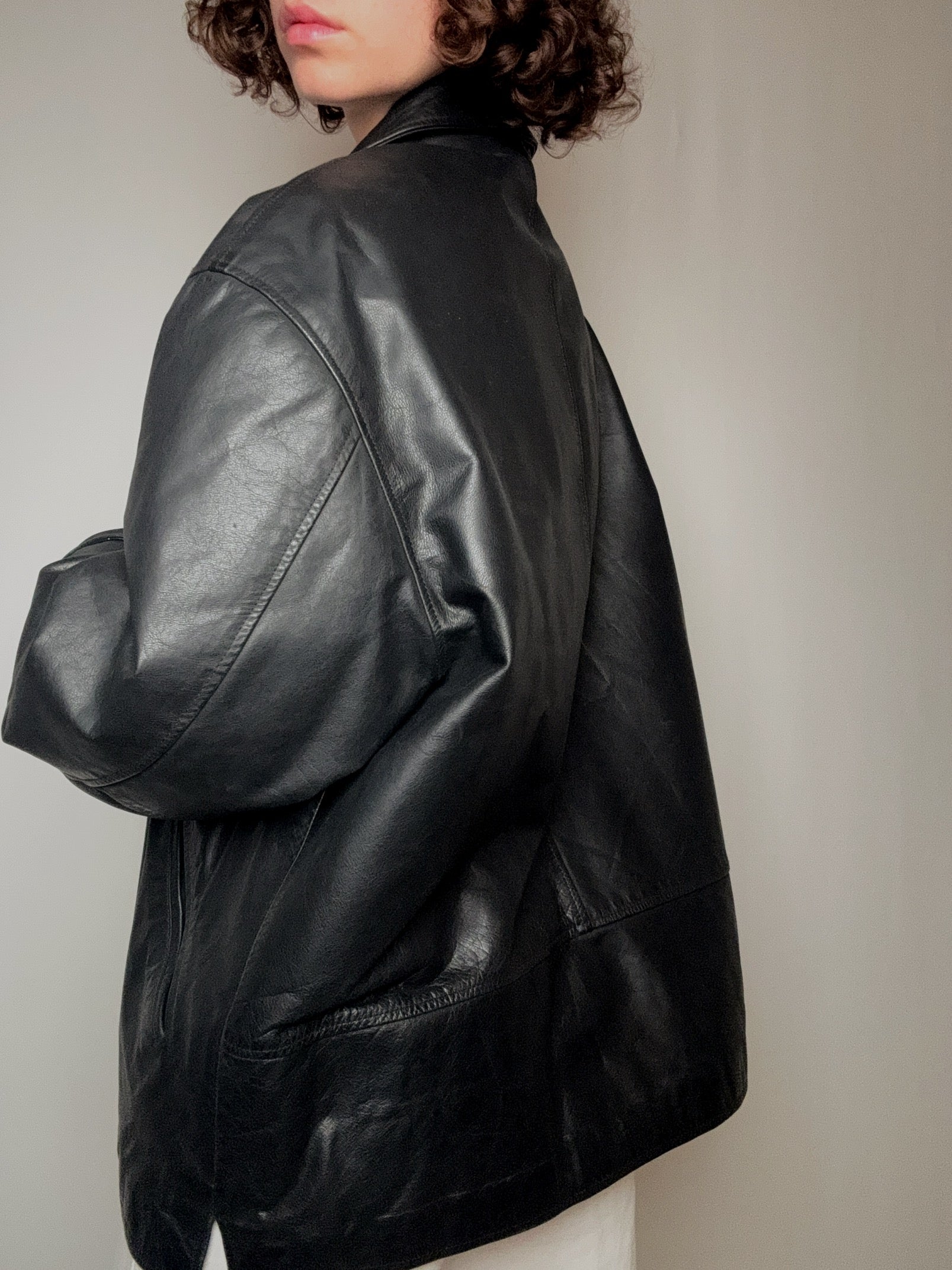 Veste en cuir droite noir L vintage