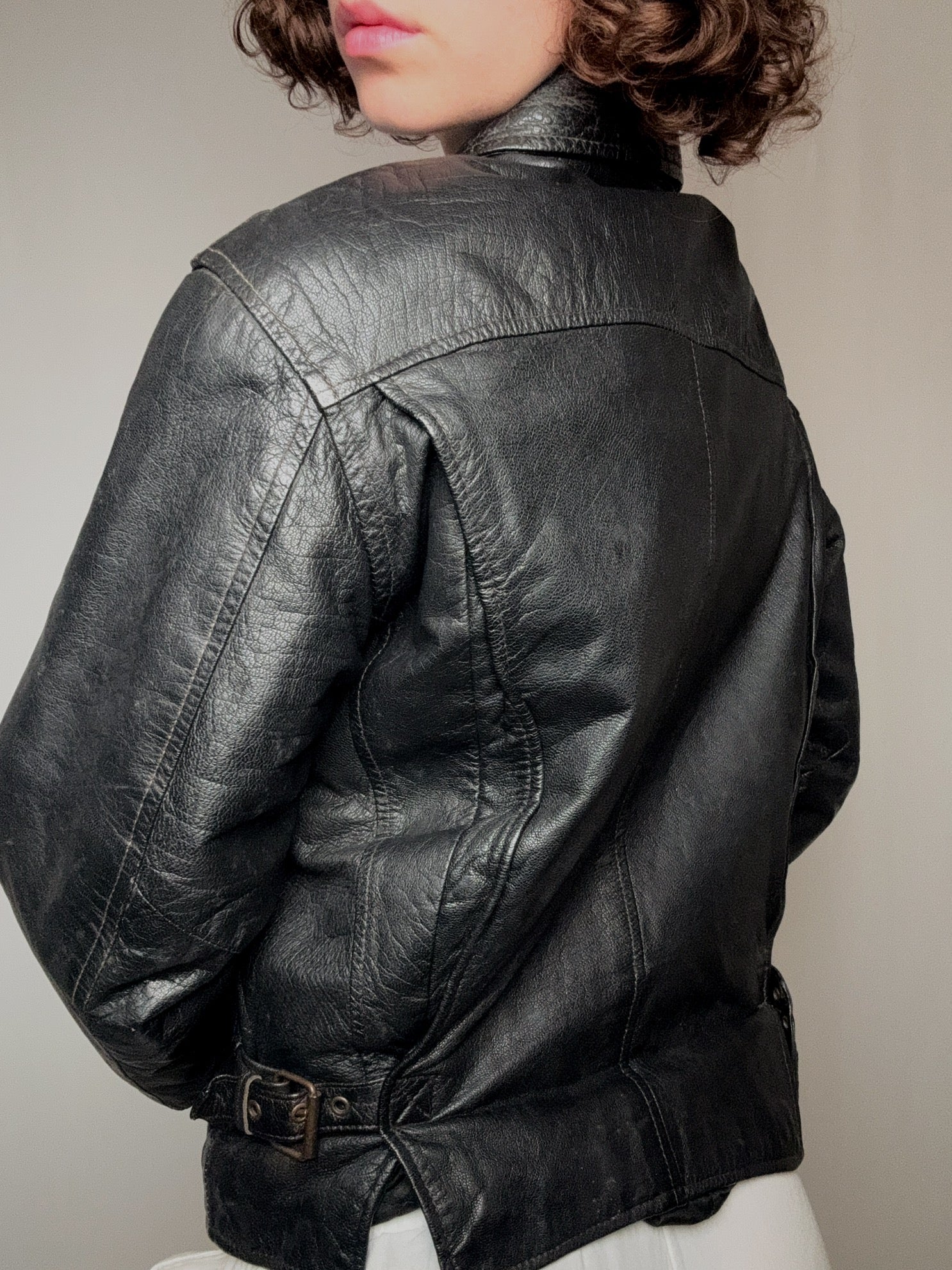 Veste en cuir droite style motard M vintage