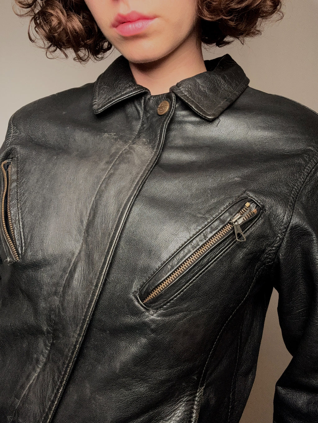 Veste en cuir droite style motard M vintage