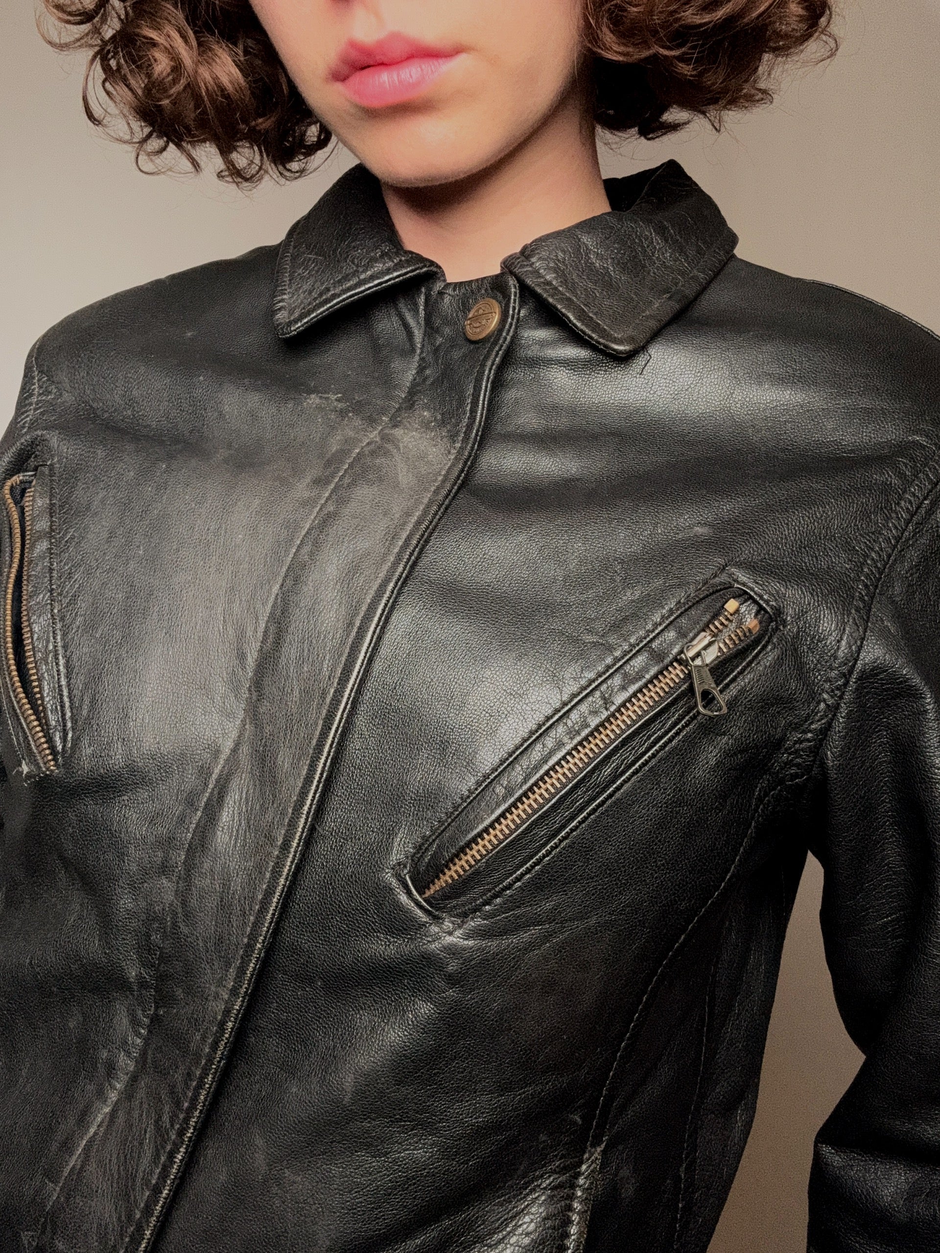 Veste en cuir droite style motard M vintage
