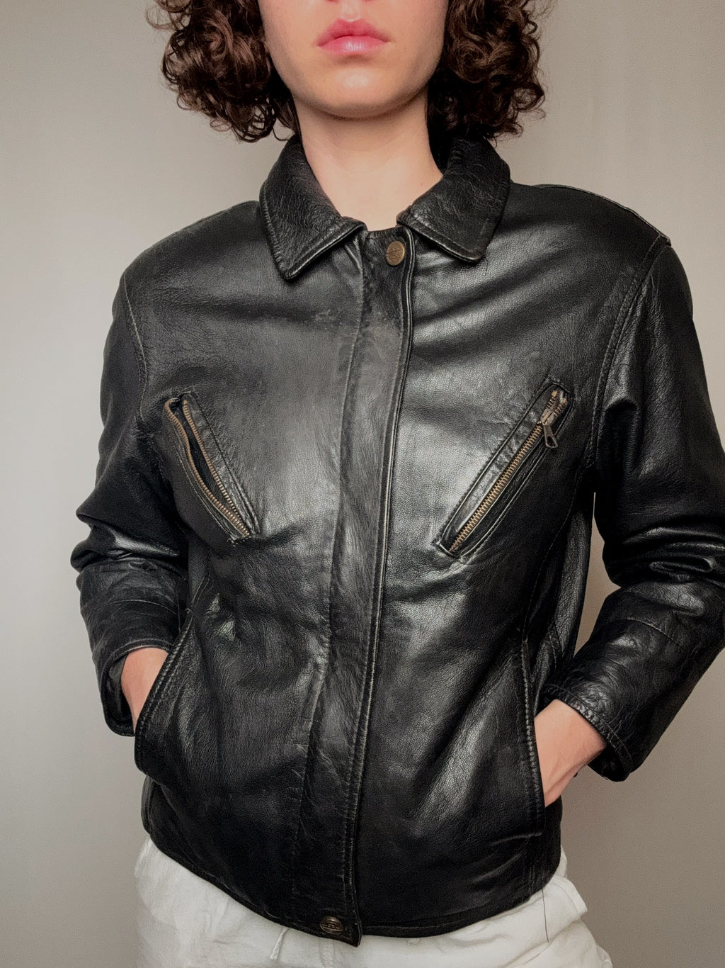 Veste en cuir droite style motard M vintage