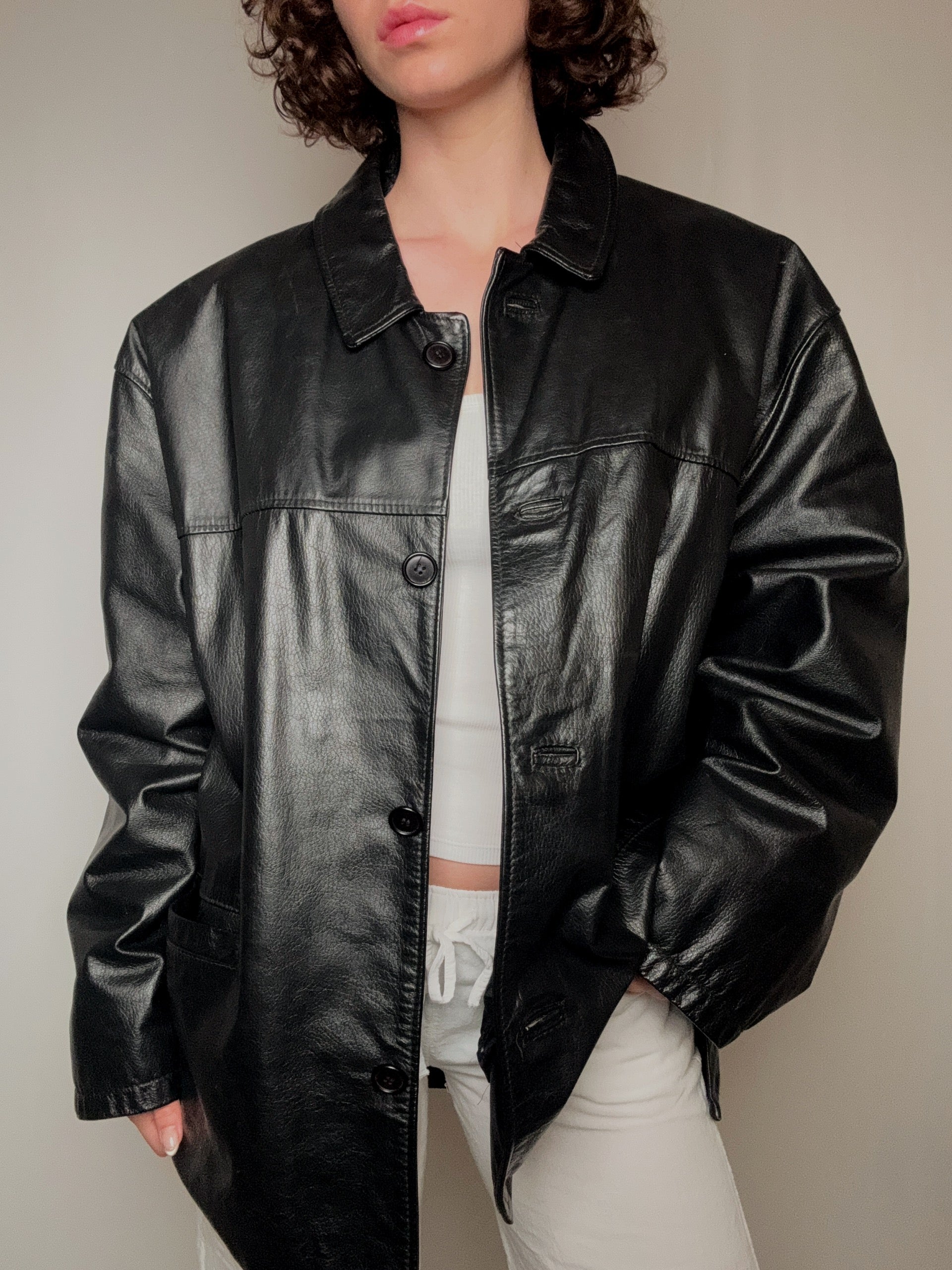 Veste en cuir droite noir L vintage