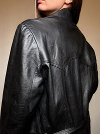 Trench en cuir ceinturé noir L vintage