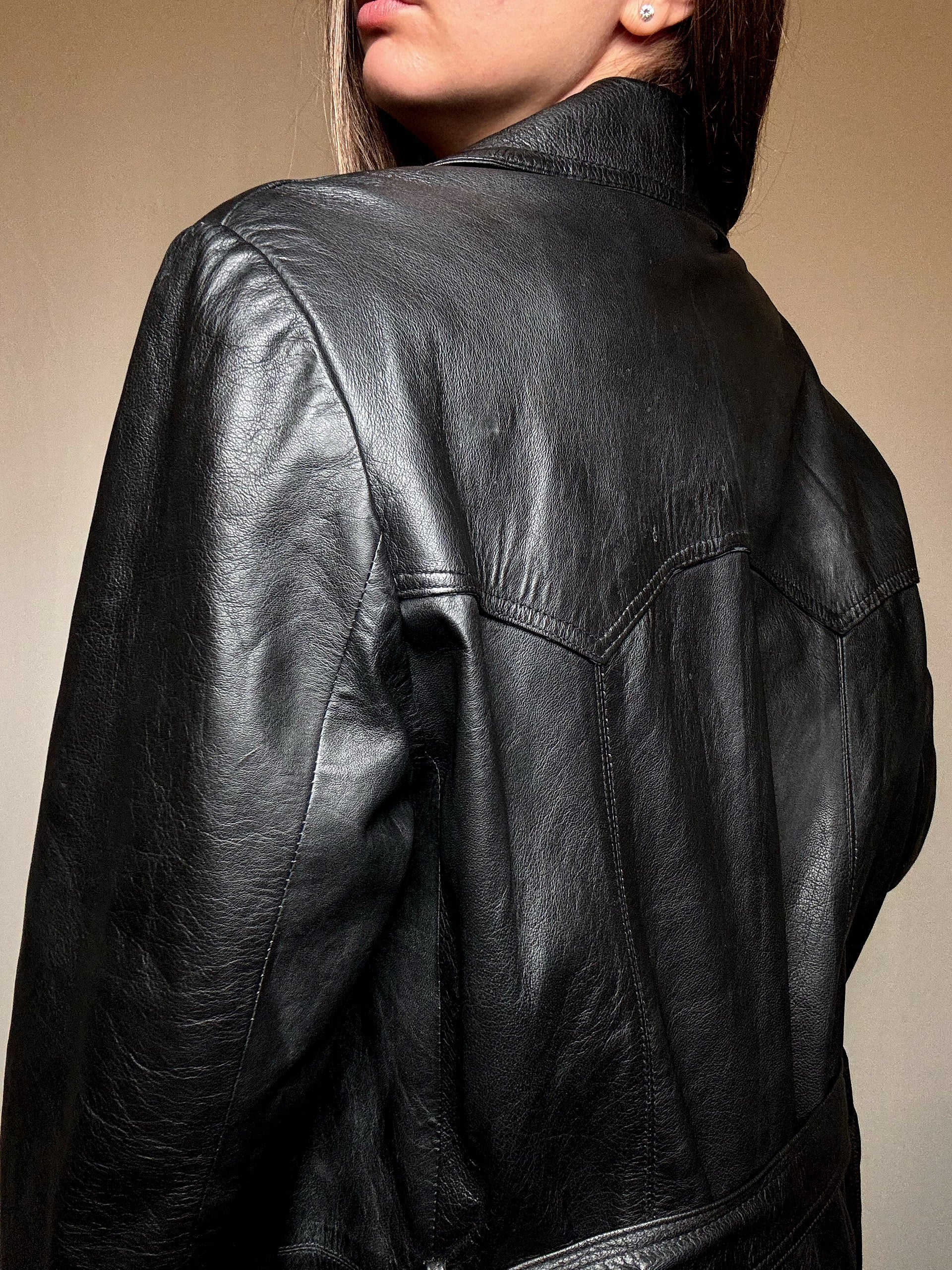 Trench en cuir ceinturé noir L vintage