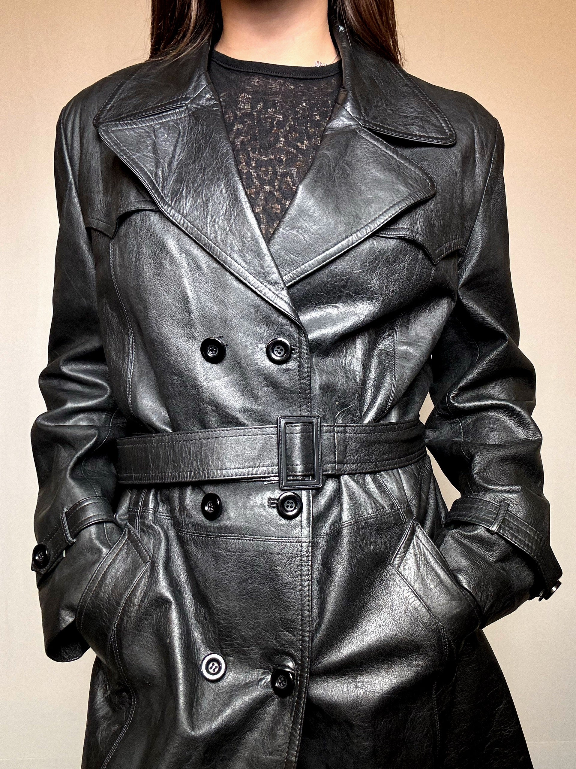 Trench en cuir ceinturé noir L vintage