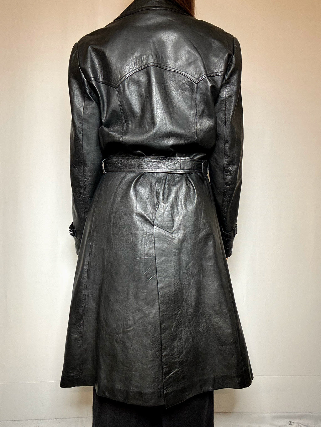 Trench en cuir ceinturé noir L vintage