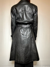Trench en cuir ceinturé noir L vintage