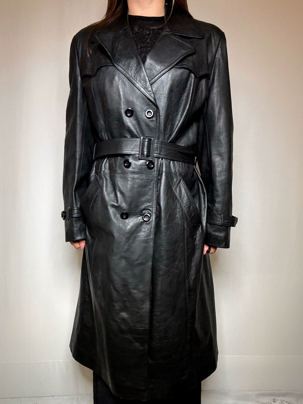 Trench en cuir ceinturé noir L vintage