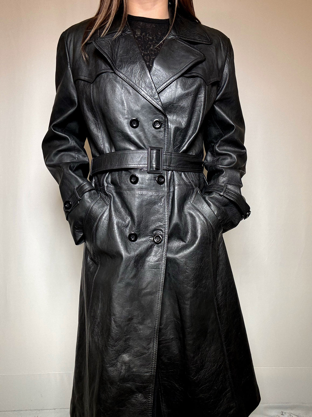 Trench en cuir ceinturé noir L vintage