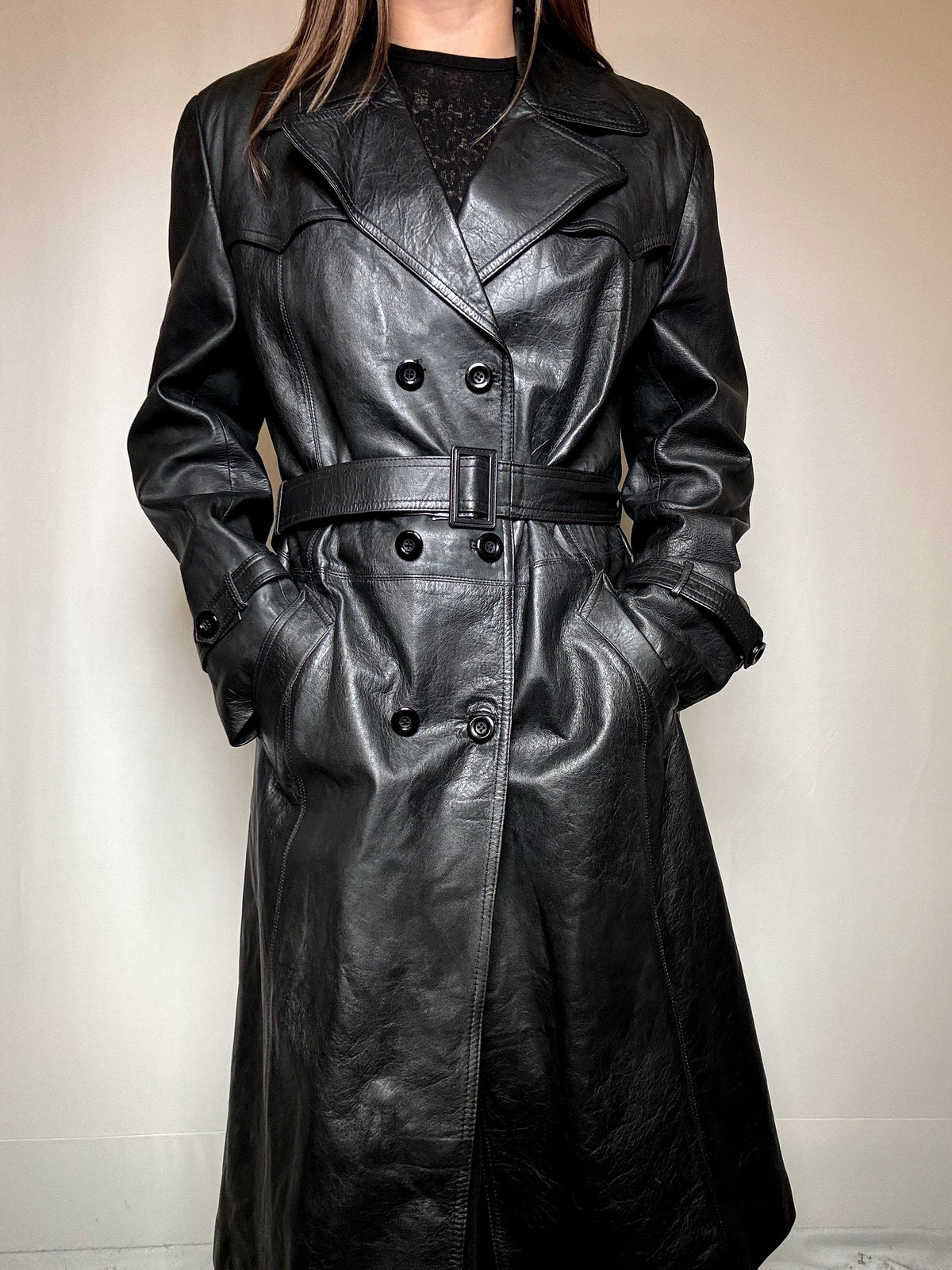 Trench en cuir ceinturé noir L vintage
